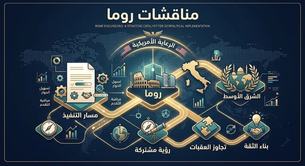 تصميم تعبيري وإنفوجرافيك يبرز دور العاصمة الإيطالية روما كحلقة وصل دبلوماسية في مسار تنفيذ اتفاق الإطار برعاية أمريكية.