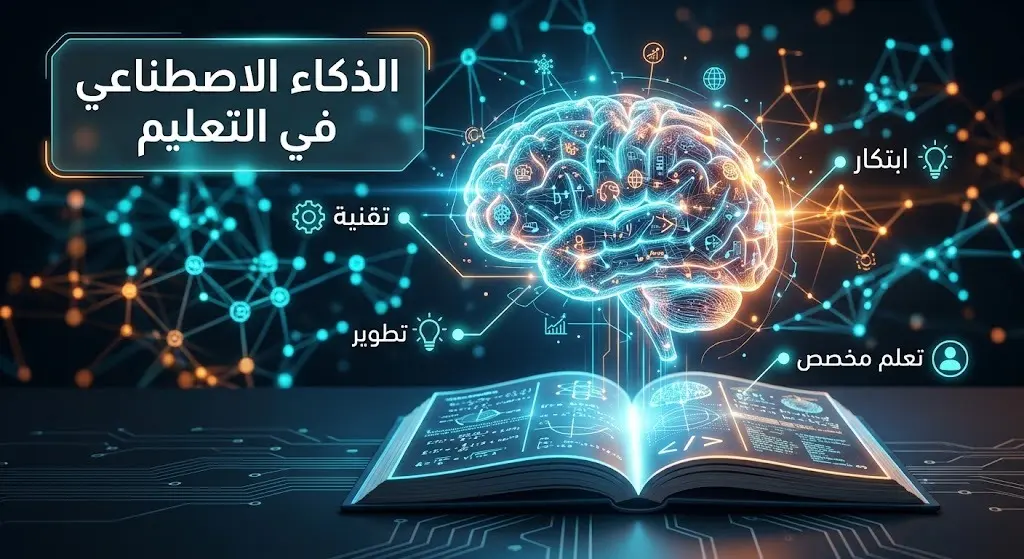 تصميم إبداعي يدمج بين التقنية الحديثة والبيئة التعليمية للتعبير عن توظيف الذكاء الاصطناعي في تطوير التعليم.