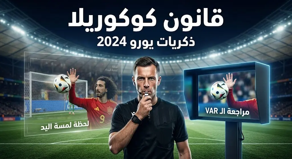 تصميم درامي يجمع بين الحكم أنتوني تايلور ومشهد تعبيري للمسة يد كوكوريلا المثيرة للجدل في يورو 2024.
