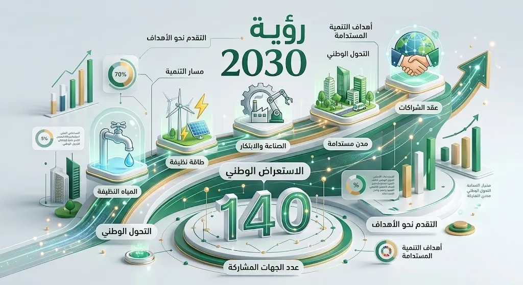 إنفوجرافيك يوضح أهداف التنمية المستدامة الخمسة ومشاركة 140 جهة في الاستعراض الوطني.