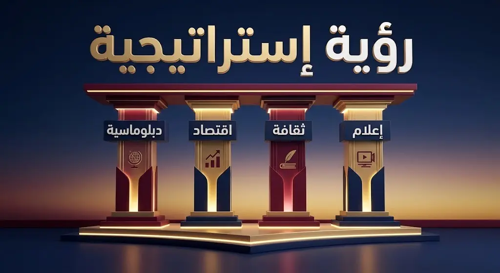 رسم توضيحي إنفوجرافي يجسد الرؤية الإستراتيجية لبناء دولة قطر الحديثة، مع إبراز ركائز الدبلوماسية والاقتصاد والثقافة والإعلام بتصميم عصري وأسماء واضحة.