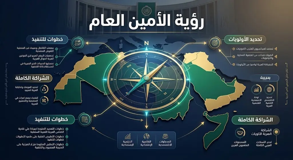 إنفوجرافيك استراتيجي يعرض رؤية الأمين العام لجامعة الدول العربية وأولويات العمل المؤسسي مع خريطة تجريدية وعناصر بصرية حديثة.