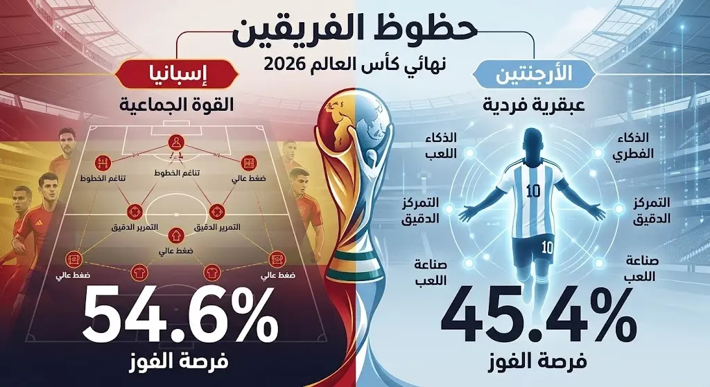 تصميم إنفوجرافيك يقارن بين حظوظ منتخبي إسبانيا والأرجنتين بنسب مئوية مع إبراز دور ميسي التكتيكي.