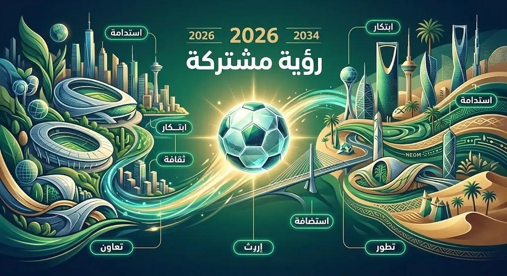 تصميم فني يجسد الرؤية المشتركة ونقل المعرفة بين الدول المستضيفة لكأس العالم 2026 والمملكة العربية السعودية لعام 2034