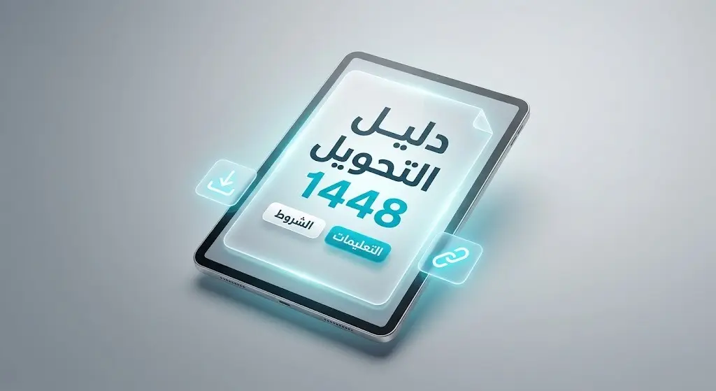 تصميم رقمي إبداعي يعرض جهازاً لوحياً يتضمن دليل الشروط والتعليمات الخاص بالتحويل الجامعي لعام 1448هـ