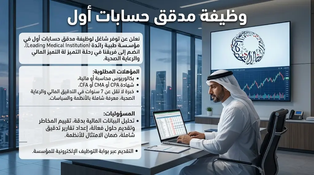رابط وشروط التقديم على وظيفة مدقق حسابات أول في مستشفى الملك خالد التخصصي للعيون