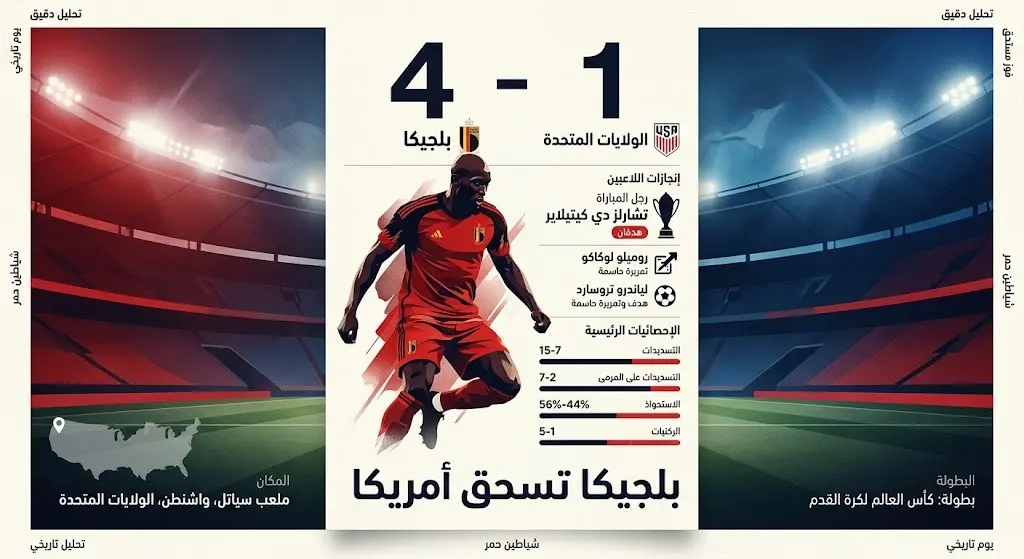 إنفوجرافيك يوضح إحصائيات أهداف وتمريرات اللاعب شارل دي كيتيلير ونتيجة فوز بلجيكا على أمريكا