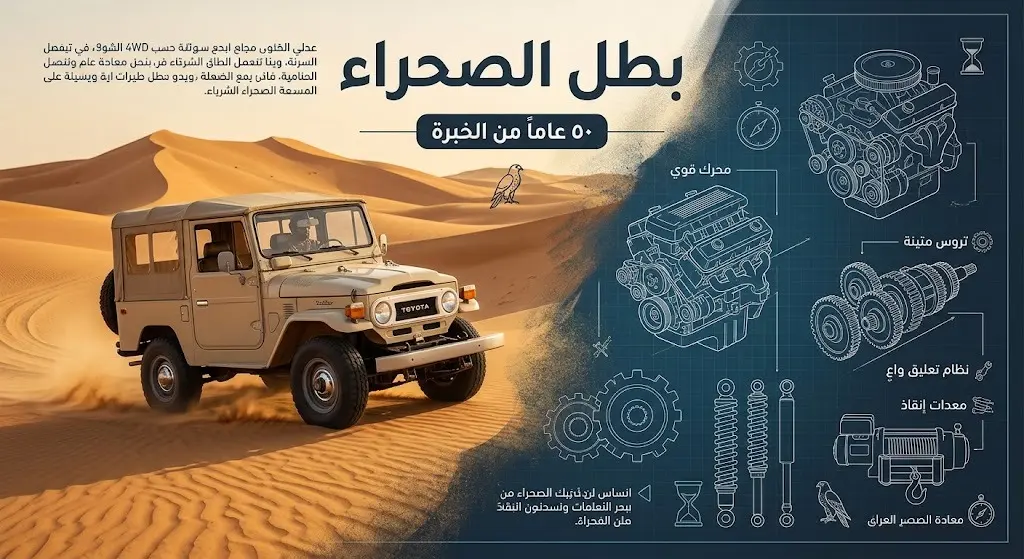 تصميم تعبيري وإنفوجرافيك يجمع بين سيارة دفع رباعي كلاسيكية تعبر كثبان صحراء النفود وعناصر ميكانيكية هندسية، يبرز رحلات الإنقاذ وخبرة الصيانة.