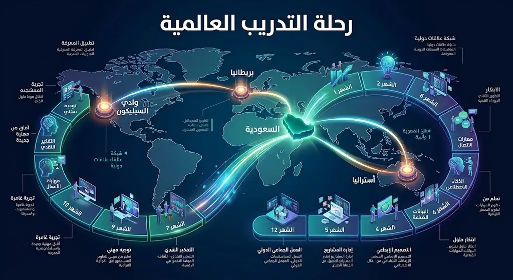 إنفوجرافيك يوضح خريطة الرحلة التدريبية والشراكات العالمية والمحلية في برنامج تطوير الخريجين.