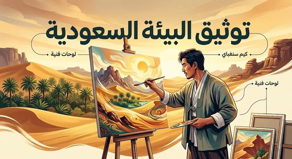 رسم تعبيري يجسد اندماج الفنان الكوري كيم سنغباي مع الطبيعة السعودية وتوثيقه لها عبر الفن التشكيلي.