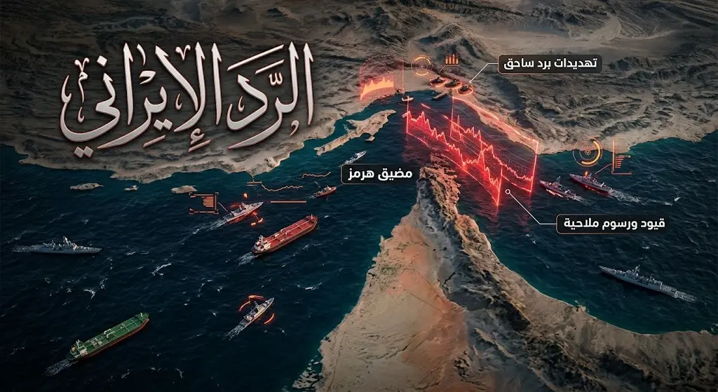 تصميم تعبيري يجسد التوتر في مضيق هرمز والتهديدات الإيرانية بفرض قيود ملاحية ورسوم جديدة.
