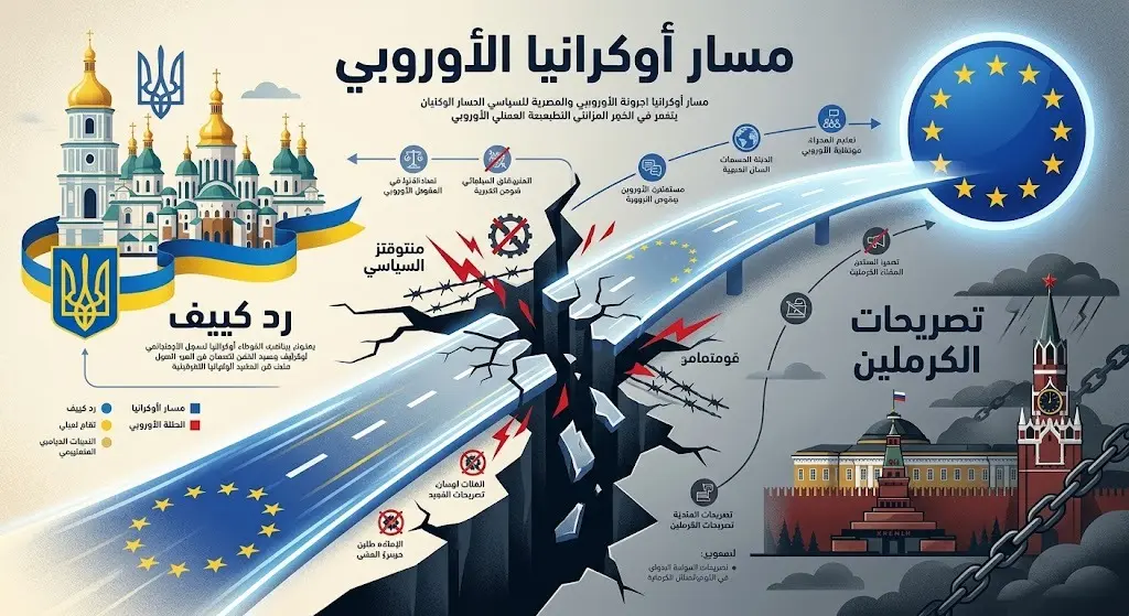 تصميم مرئي يجسد التوترات حول مسار انضمام أوكرانيا للاتحاد الأوروبي في ضوء التصريحات المتبادلة بين روسيا وأوكرانيا.
