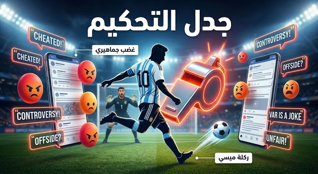 تصميم بصري يبرز الجدل التحكيمي حول ركلة ميسي الحرة السريعة وردود الفعل الغاضبة على منصات التواصل الاجتماعي ضد التحكيم.