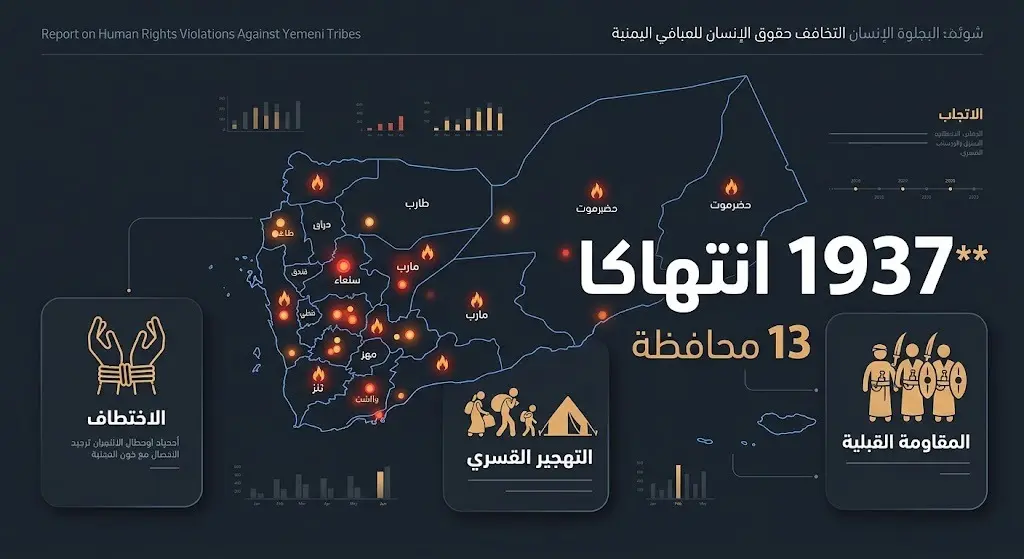 إنفوجرافيك يوضح إحصائيات الانتهاكات الحوثية ضد القبائل اليمنية، مبرزاً الرقم 1937 انتهاكاً في 13 محافظة.