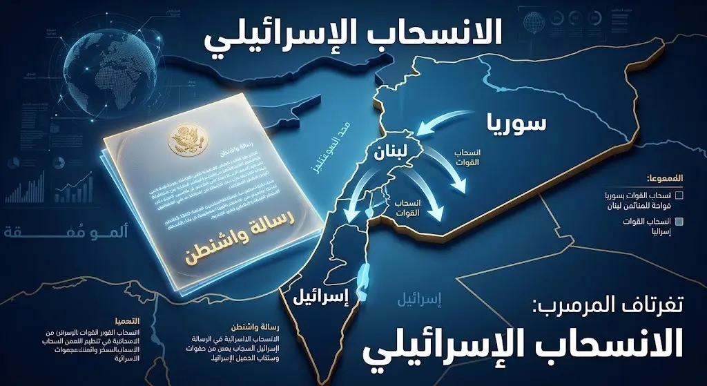 تصميم إنفوجرافيك يوضح الضغوط والرسائل الأمريكية لسحب القوات الإسرائيلية من لبنان وسوريا عبر خريطة جيوسياسية وأسهم تشير للانسحاب.