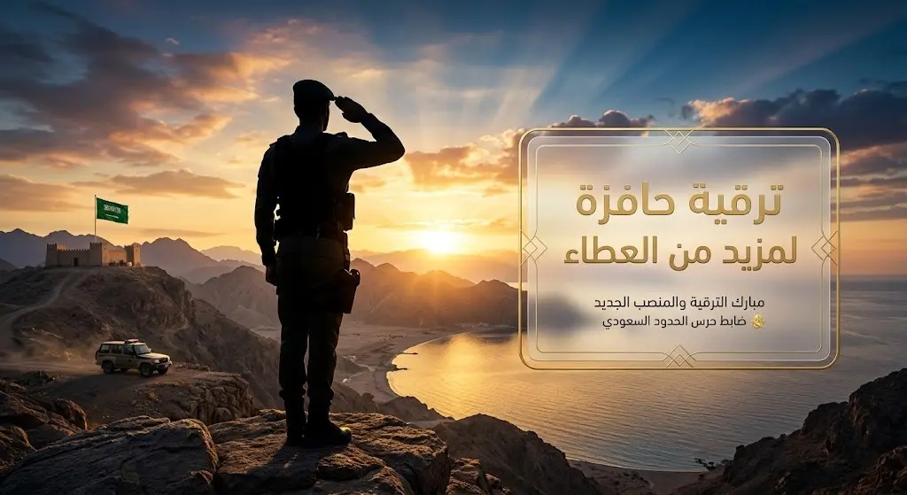 صورة تعبيرية ملهمة لرجل أمن تتضمن بطاقة تهنئة أنيقة بمناسبة الترقية بنصوص عربية صحيحة وواضحة.