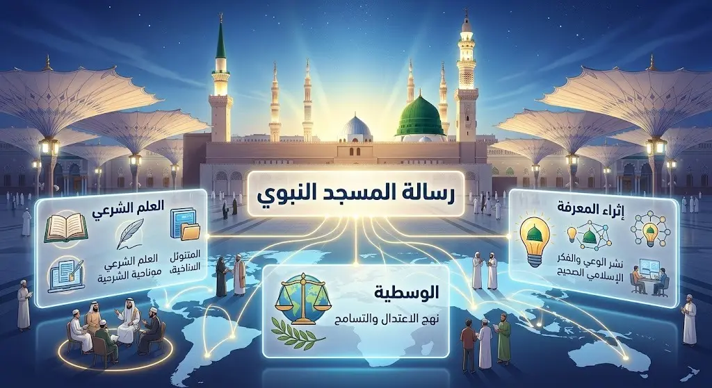 تصميم إبداعي يجمع بين معالم المسجد النبوي وعناصر الإنفوجرافيك، يبرز رسالة المسجد النبوي العلمية والدعوية ومنهج الوسطية.