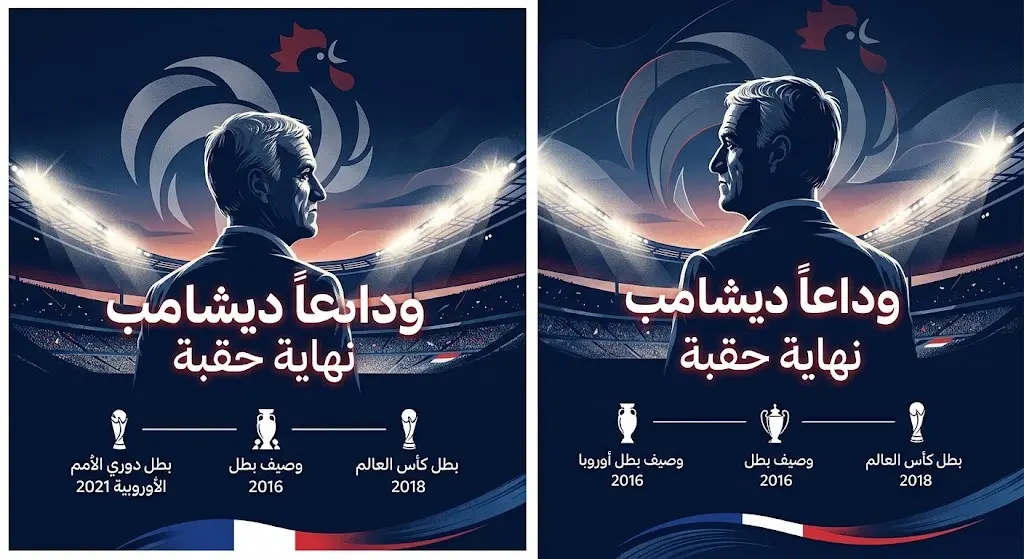 تصميم تعبيري يجسد نهاية حقبة المدرب ديدييه ديشامب مع المنتخب الفرنسي ووداع اللاعبين له