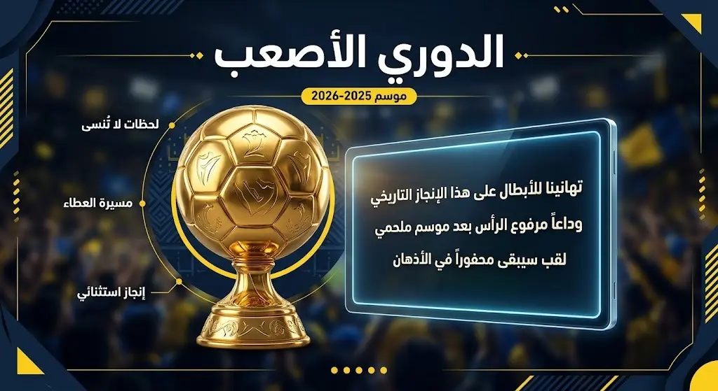 تصميم احترافي يدمج بين كأس بطولة الدوري وشاشة تعرض رسالة وداع، مع إبراز عبارة 'الدوري الأصعب' وموسم 2025-2026.