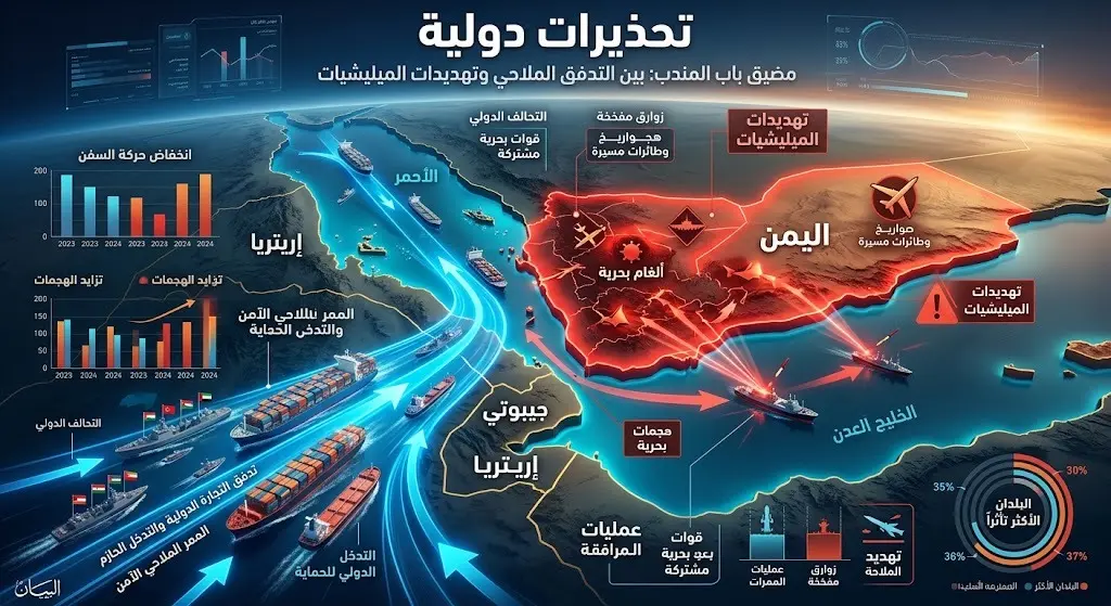 خريطة وتصميم إنفوجرافيك يستعرض التهديدات التي تطال مضيق باب المندب والتحذيرات الدولية