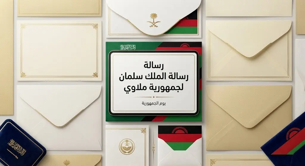 تصميم إنفوجرافيك دبلوماسي يبرز رسالة تهنئة خادم الحرمين الشريفين لرئيس جمهورية ملاوي بمناسبة يوم الجمهورية، مع تفاصيل ذهبية وألوان تعكس هوية البلدين.