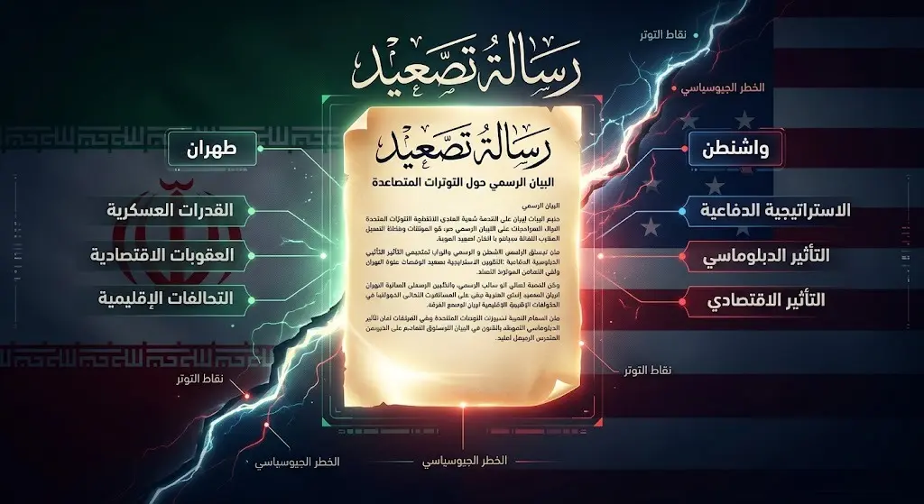 تصميم تعبيري يجسد التوتر السياسي بين طهران وواشنطن تتوسطه وثيقة مضيئة تمثل الرسالة المكتوبة.