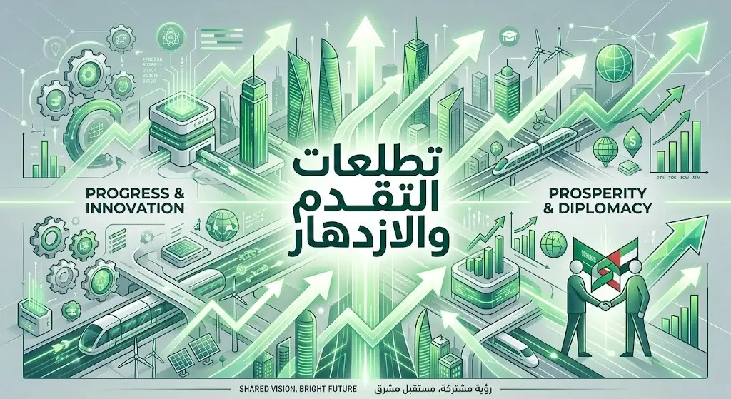رسم تعبيري حديث يرمز للتقدم والازدهار وتطلعات التنمية المشتركة بين البلدين الشقيقين.