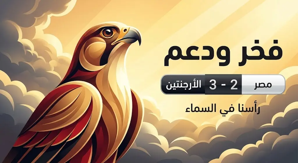 تصميم تعبيري حديث يعكس مشاعر الفخر بالمنتخب المصري، يتوسطه الصقر المصري ونتيجة المباراة (مصر 2 - 3 الأرجنتين) مع عبارات الدعم.