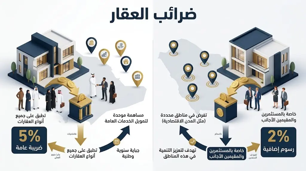 إنفوجرافيك يوضح نسبة ضريبة التصرفات العقارية 5% على الجميع، والرسوم الإضافية 2% على تملك غير السعوديين في مناطق محددة.
