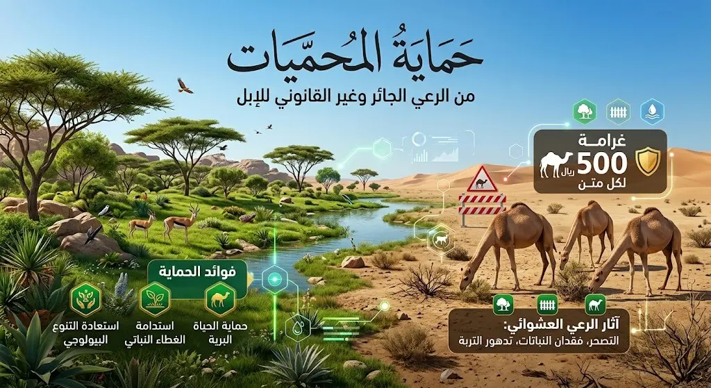 إنفوجرافيك يوضح جهود حماية المحميات الطبيعية من الرعي الجائر وقيمة الغرامة المالية 500 ريال لكل متن إبل.