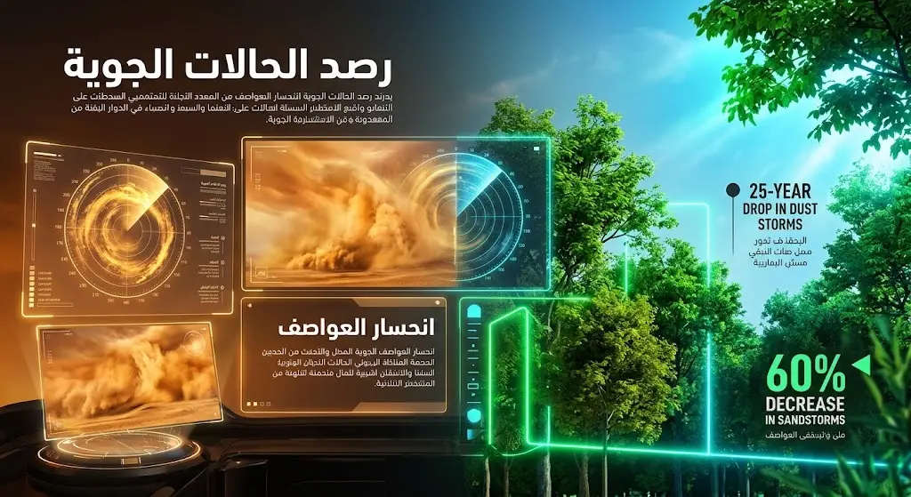 تصميم تخيلي يدمج بين شاشات الرصد الجوي المتقدمة للعواصف الرملية، ومشاهد الأشجار الخضراء التي تعكس انحسار الغبار تاريخياً.