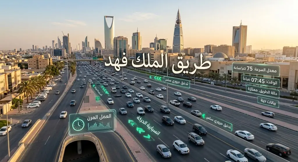 صورة علوية لطريق الملك فهد في الرياض تبرز انسيابية الحركة المرورية الصباحية مع رسوم بيانية توضيحية مدمجة.