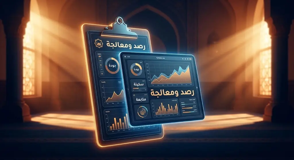 تصميم مفاهيمي يدمج بين شاشة لوحية للرقابة ومسجد هادئ، يعبر عن أثر معالجة المخالفات في رفع جودة الخدمات.