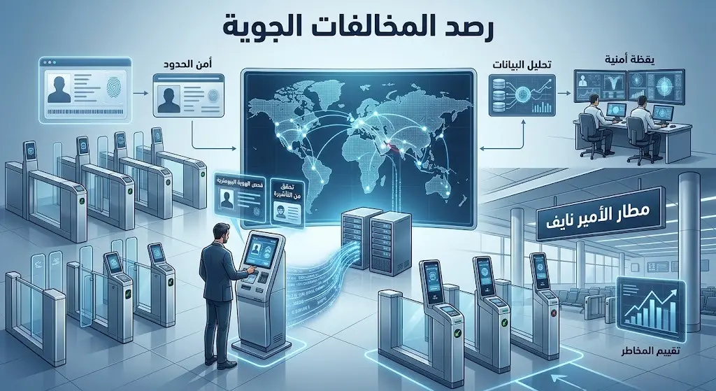 تصميم فني يوضح يقظة الجوازات السعودية في منافذ المطارات واستخدام التقنية الحديثة لرصد مخالفي أنظمة الدخول.