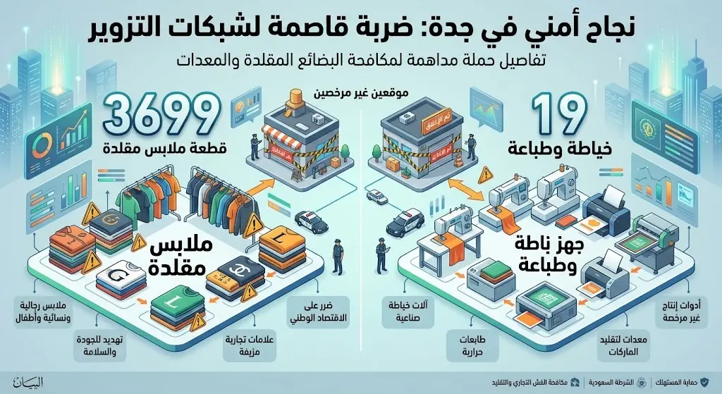 إنفوجرافيك يوضح إحصائيات حملة أمانة جدة لمكافحة الغش التجاري، متضمناً أعداد القطع المقلدة والأجهزة المصادرة في موقعين مختلفين.