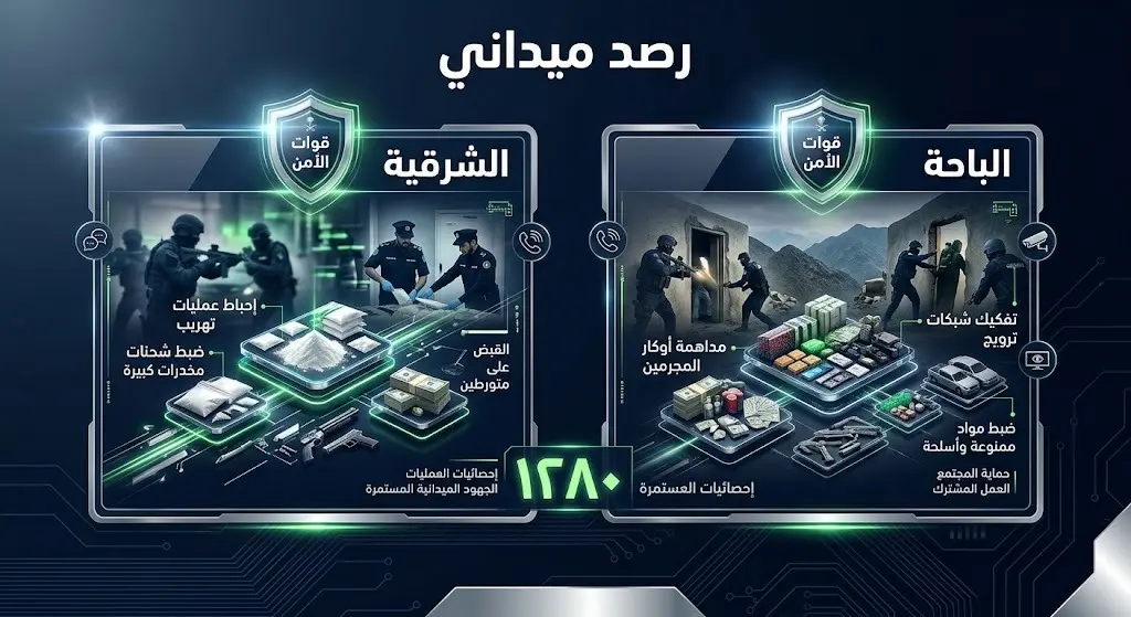 إنفوجرافيك يوضح نتائج الرصد الميداني والضبطيات الأمنية للمخدرات في المنطقة الشرقية ومحافظة المخواة بالباحة.