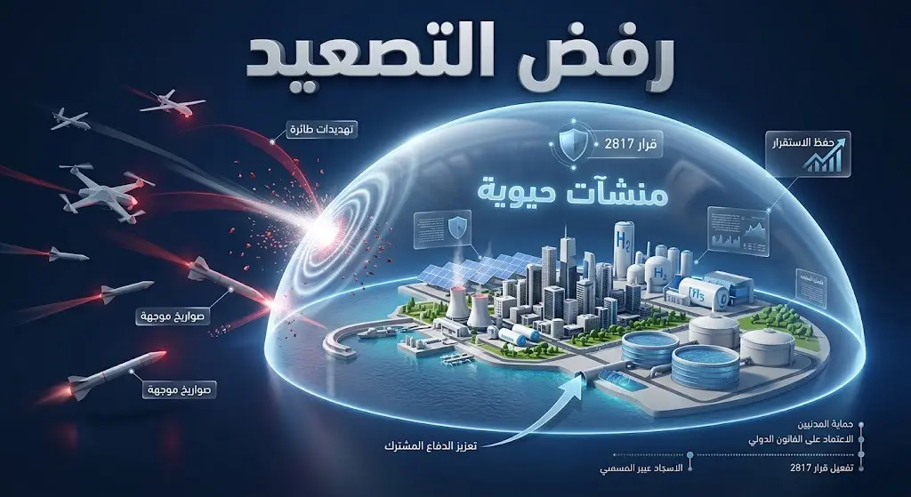 تصميم معلوماتي إبداعي يجسد حماية المنشآت الحيوية كدرع واقٍ في مواجهة الهجمات، للتعبير عن رفض التصعيد العسكري.