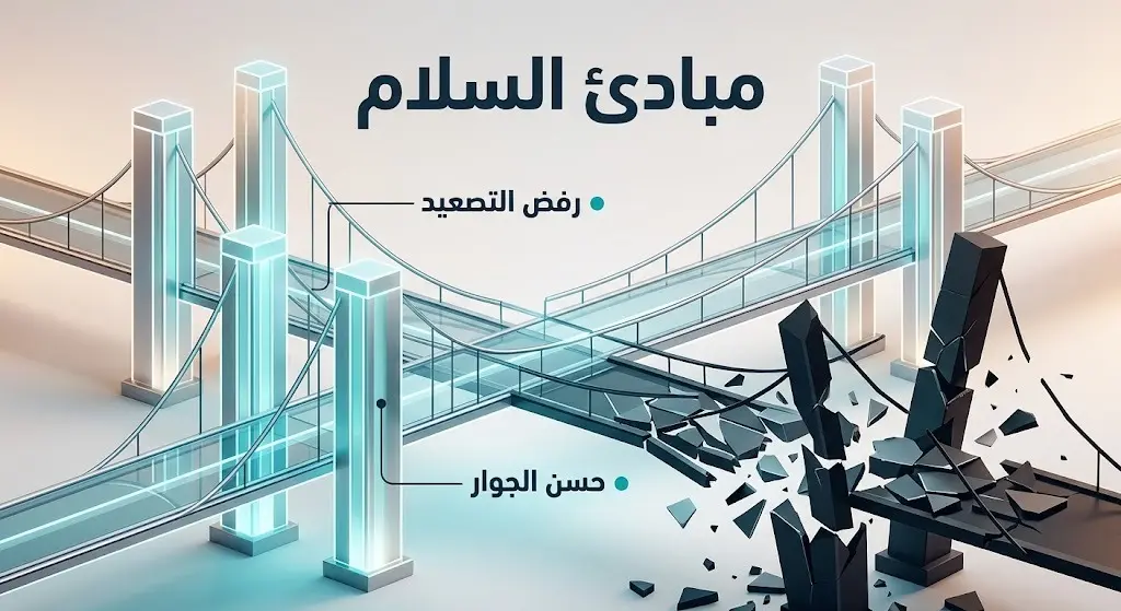 تصميم تعبيري يبرز ركائز الدبلوماسية العراقية المتمثلة في حسن الجوار ورفض التصعيد وتجنب الصراعات