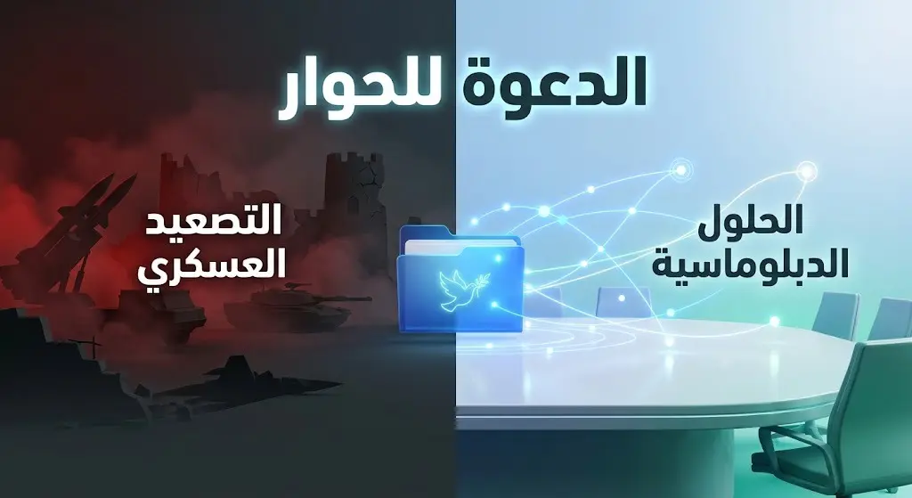 تصميم تعبيري يقارن بين مسار التصعيد العسكري المظلم ومسار الحوار الدبلوماسي المشرق لحل الخلافات.