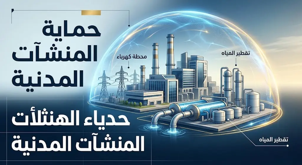 تصميم إنفوجرافيك تعبيري يبرز حماية المنشآت المدنية كمحطات الكهرباء وتحلية المياه من الاستهداف مع نصوص عربية توضيحية