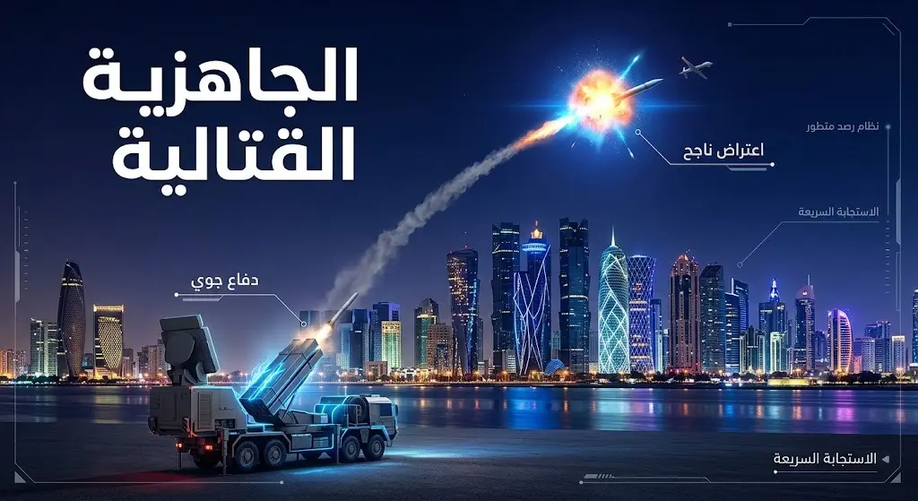 صورة تعبيرية تدمج بين الإنفوجرافيك والمشهد الحي لاعتراض دفاعات البحرين الجوية لأهداف معادية في السماء ليلاً، مع نصوص عربية توضح رفع الجاهزية القتالية.