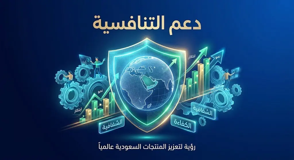 تصميم بصري يدمج بين درع رقمي ومؤشرات نمو اقتصادية للتعبير عن حماية الصناعة الوطنية ورفع التنافسية.
