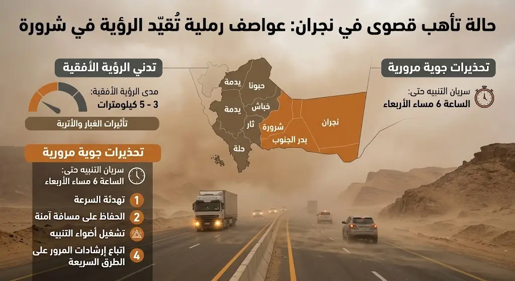 رفع درجة التنبيه وشبه انعدام للرؤية في شرورة.. وتحذيرات مرورية هامة لسكان نجران