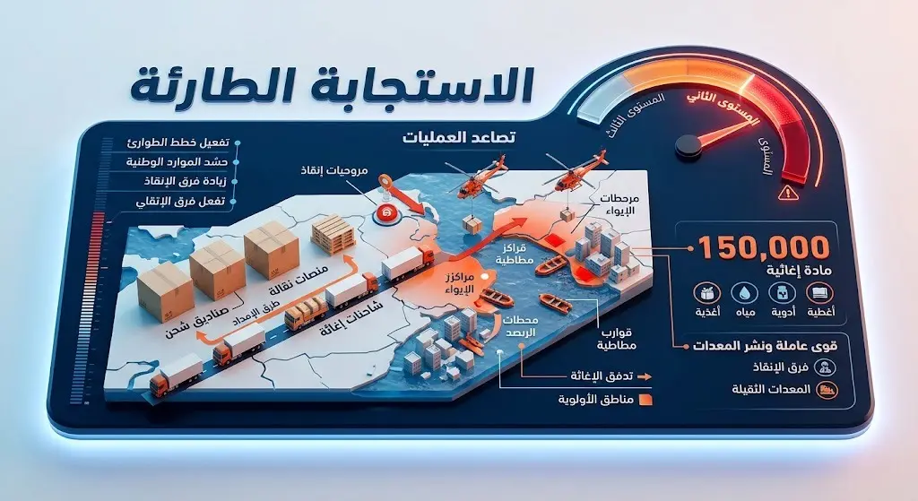 إنفوجرافيك يوضح رفع مستوى الاستجابة للفيضانات إلى المستوى الثاني وتخصيص 150 ألف مادة إغاثية عاجلة.