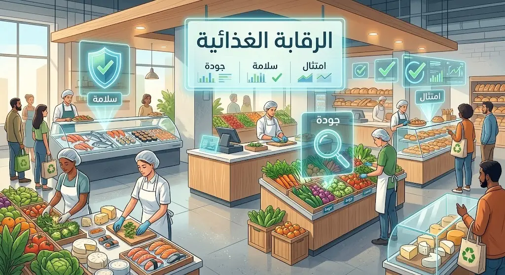 تصميم إبداعي يظهر سوقاً غذائياً حديثاً ترافقه رموز رقمية مضيئة لعلامات الجودة والصحة، مع نصوص عربية تبرز تكثيف الرقابة الميدانية.
