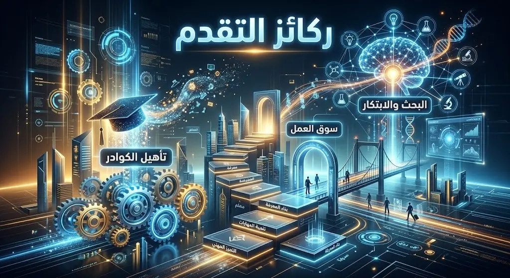 تصميم بصري يعبر عن ركائز التقدم الأكاديمي والمهني لجامعة الباحة، متضمناً مواءمة سوق العمل، وتنمية المهارات، ودعم البحث والابتكار.