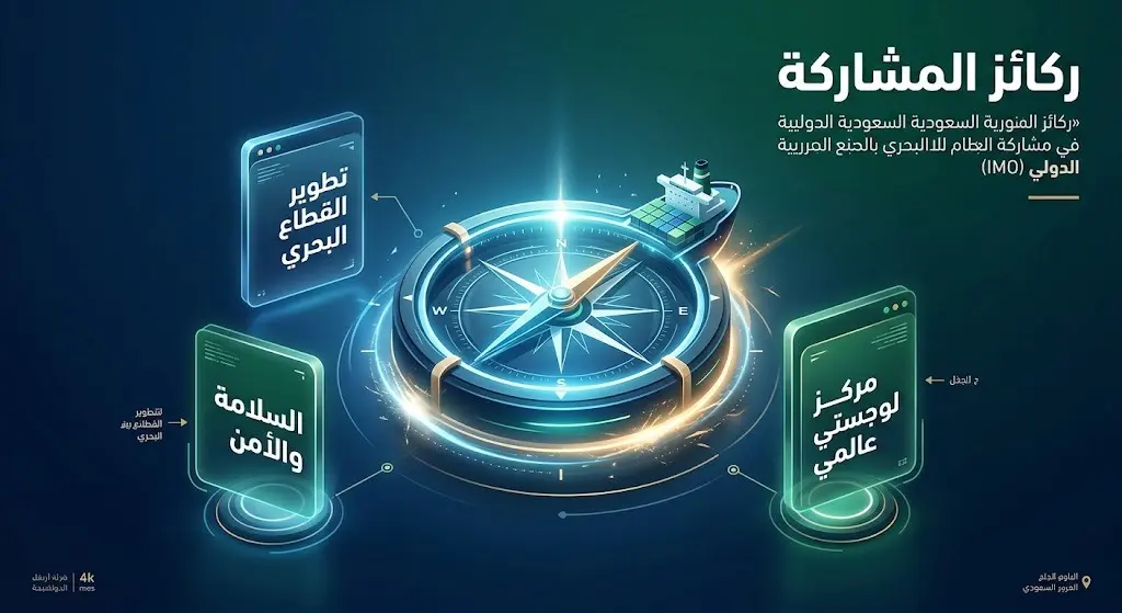 إنفوجرافيك احترافي يوضح ركائز وأهداف المشاركة السعودية في المنظمة البحرية، بما في ذلك تطوير القطاع وتعزيز السلامة والأمن.