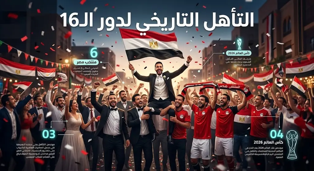 تصميم دمج بصري وإنفوجرافيك يجمع بين احتفال زفاف وأجواء التأهل التاريخي لمنتخب مصر لدور الـ16، يظهر العريس محمولاً على الأعناق وسط الأعلام المصرية.