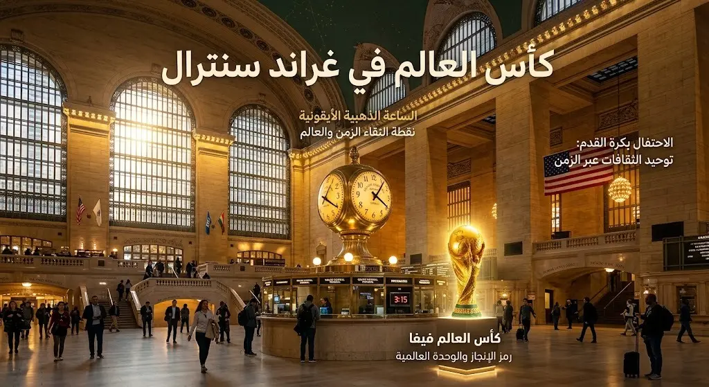 كأس العالم معروضة بجوار الساعة الذهبية الشهيرة في قلب محطة غراند سنترال بمدينة نيويورك.