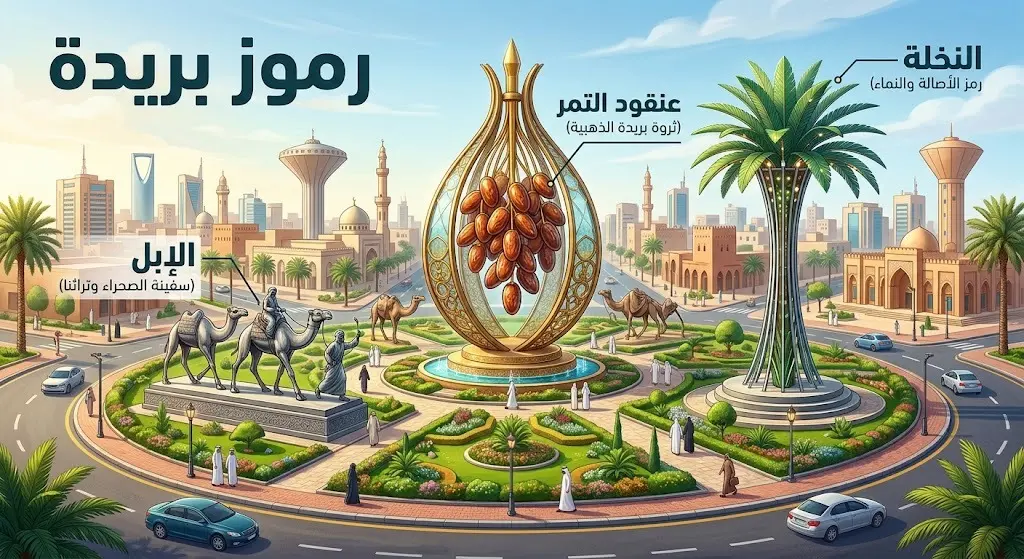 تصميم فني وإبداعي يبرز مجسمات بريدة الجمالية التي تشمل عنقود التمر والنخلة والإبل مع نصوص توضيحية باللغة العربية.